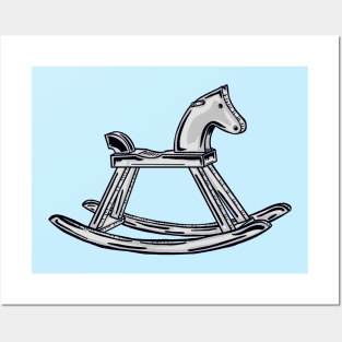 Black And White Rocking Horse With Blue Horse Posters and Art